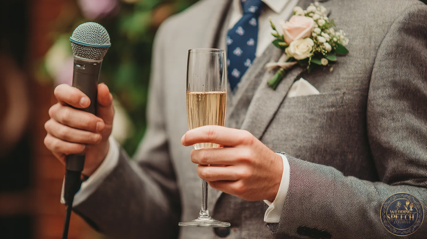 Person in a suit holding a microphone and a glass of champagne, with a boutonniere on the jacket, likely giving a speech or offering Cultural or Religious Toasts at an event.