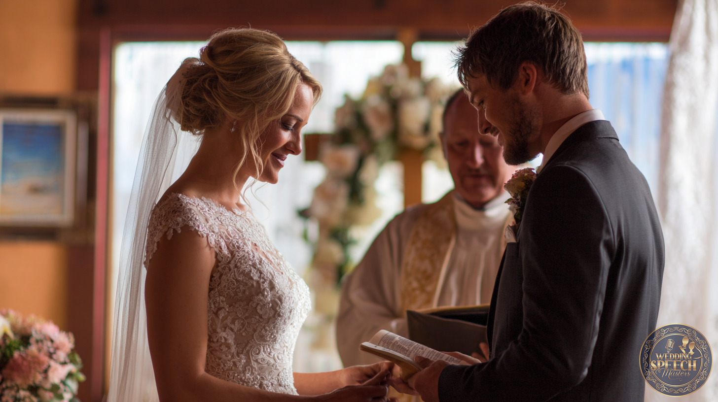 A bride and groom stand facing each other exchanging vows during a wedding ceremony, as the officiant is delivering a wedding blessing amidst elegant floral decorations in the background.