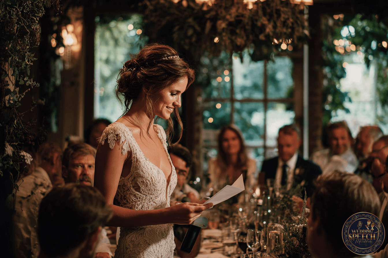 A bride in a lace wedding dress reads from a piece of paper while standing at a table during a formal indoor reception with guests seated around her.