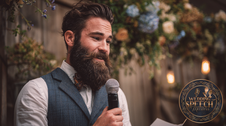 A bearded man in a vest holds a microphone and a piece of paper, speaking in front of a floral and rustic backdrop.