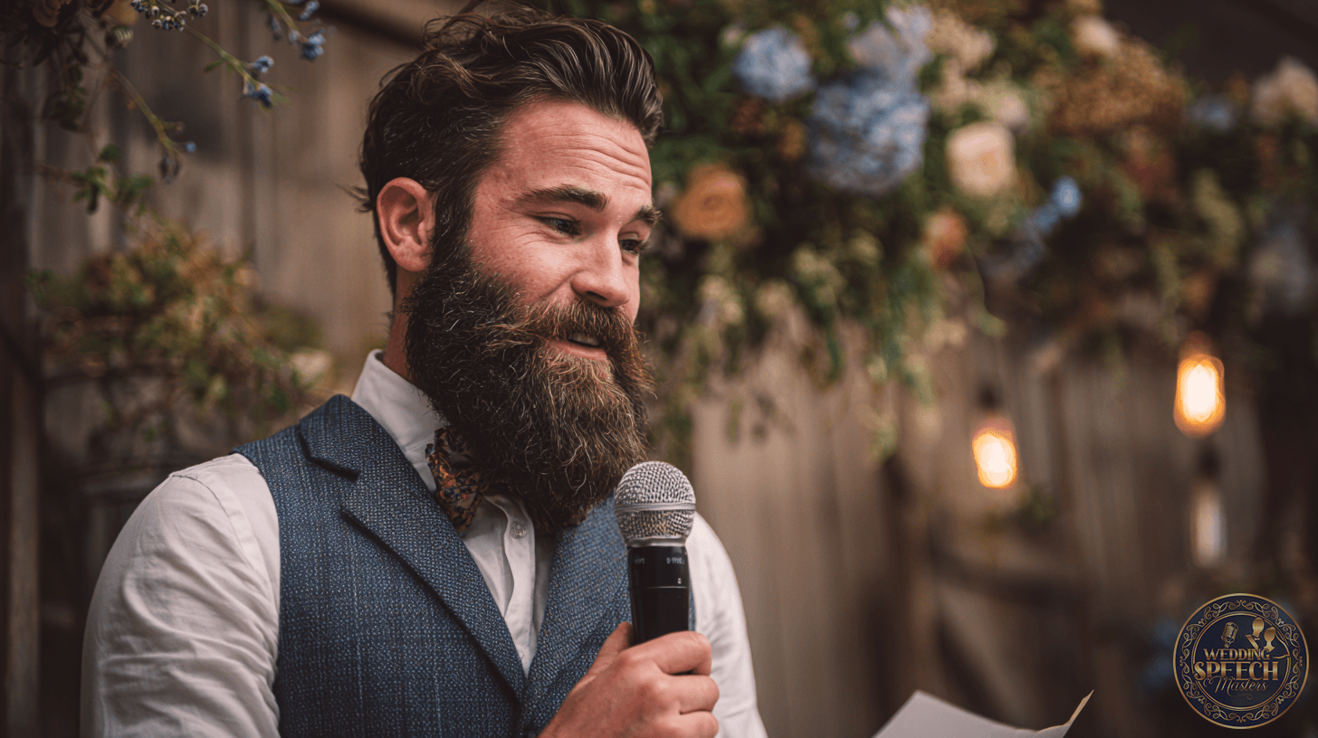 A bearded man in a vest holds a microphone and a piece of paper, speaking in front of a floral and rustic backdrop.