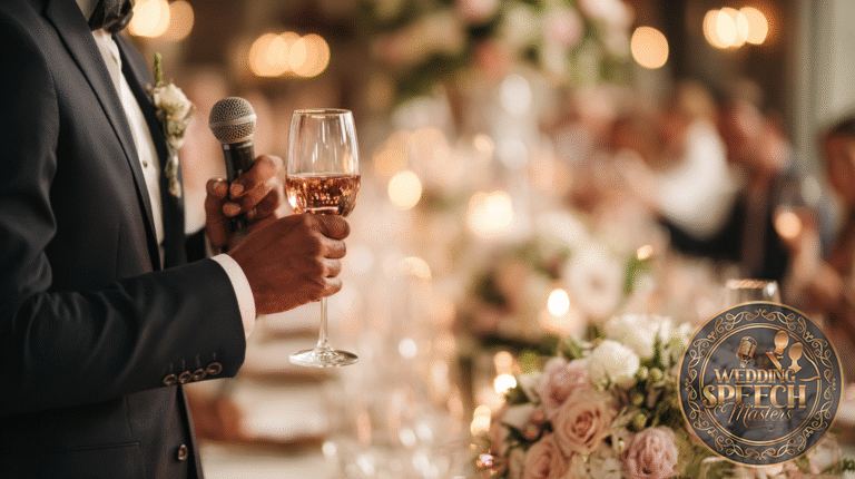 A person in a suit holds a microphone and a glass of wine, preparing to give a toast at a formal event with floral decorations, embodying the Dos and Don'ts for Emotional Wedding Toasts.
