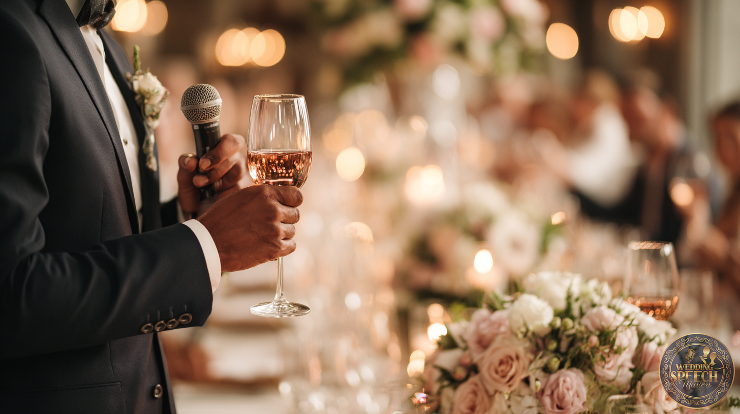A person in a suit holds a microphone and a glass of wine, preparing to give a toast at a formal event with floral decorations, embodying the Dos and Don'ts for Emotional Wedding Toasts.