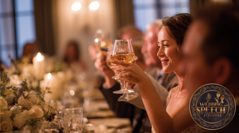 A group of people sits at a formal dining table with candles and flowers, raising glasses in a toast; a woman in the foreground smiles while holding up her glass, embodying the dos and don'ts for humorous wedding toasts.