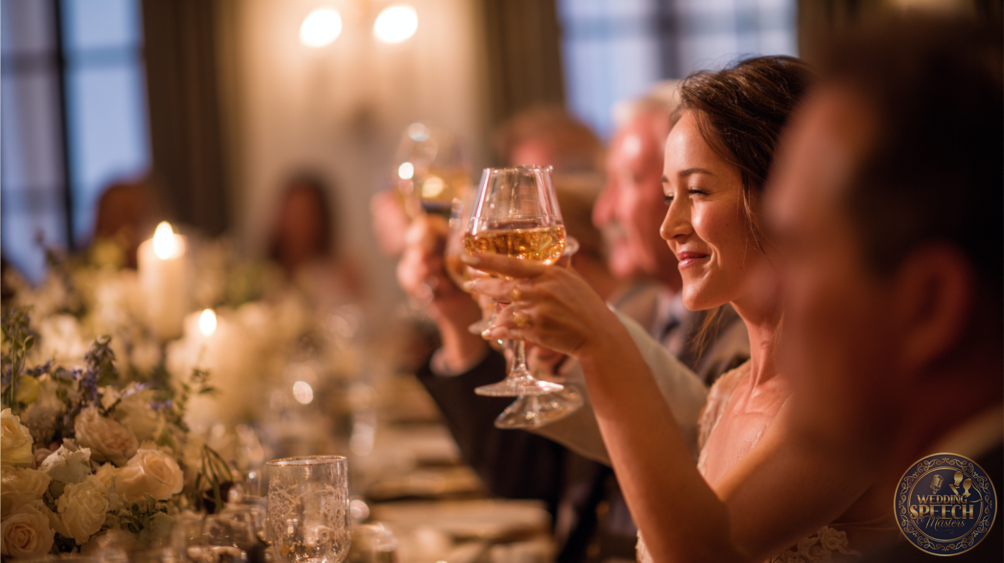 A group of people sits at a formal dining table with candles and flowers, raising glasses in a toast; a woman in the foreground smiles while holding up her glass, embodying the dos and don'ts for humorous wedding toasts.