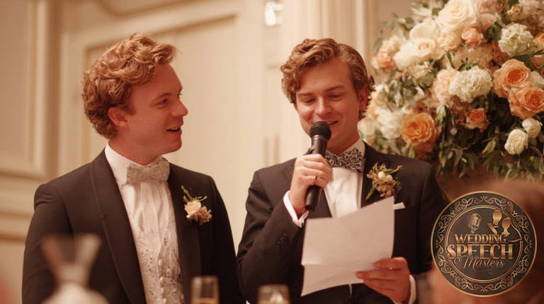 Two men in tuxedos stand together at a formal event; one reads from a paper into a microphone while the other smiles. A large floral arrangement is visible in the background.