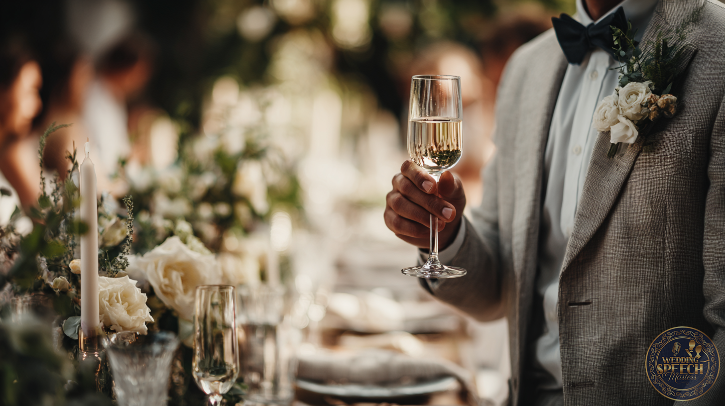 A person in a light suit with a boutonniere holds a glass of champagne at a decorated table set with flowers and glassware, ready to share some Dos and Don'ts for Short Wedding Toasts.
