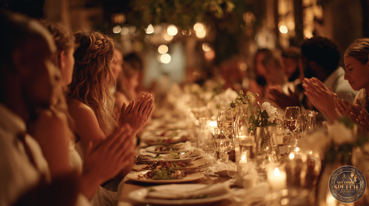 A group of people sit at a long, candlelit table, applauding during a formal dinner event with flowers and plated meals—perhaps after hearing touching examples of wedding meal blessings.