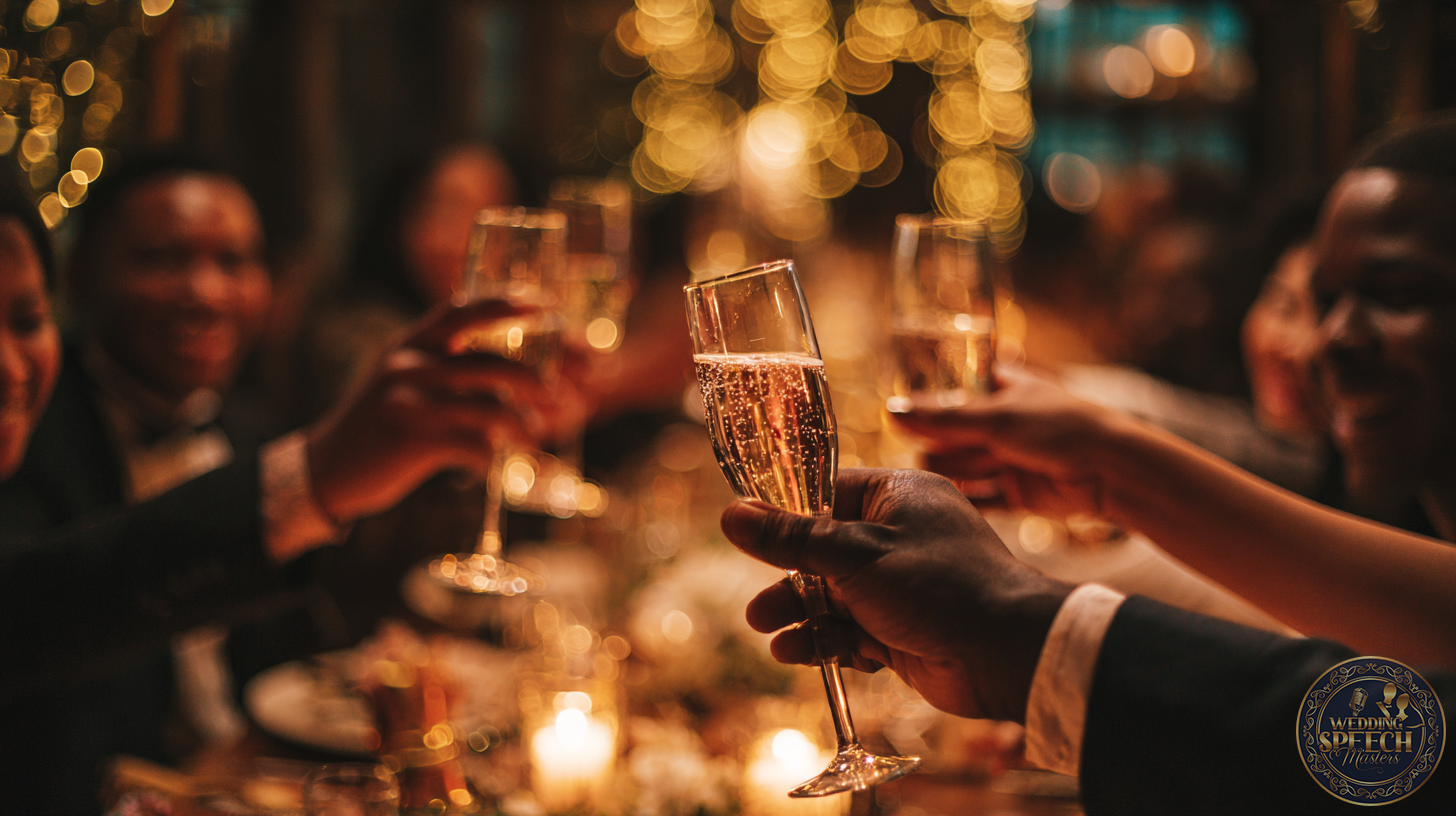 A group of people clink champagne glasses together at a warmly lit, festive dinner table with blurred lights in the background, beautifully Expressing Genuine Emotions in Wedding Toasts.