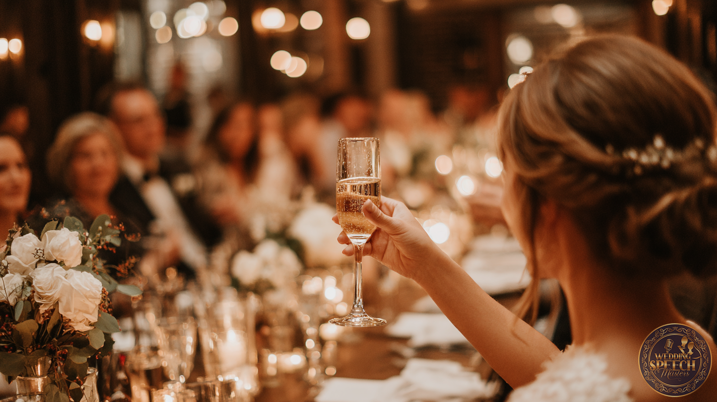 A person in formal attire raises a glass of champagne for a toast at a candlelit dinner, Expressing Key Sentiments Succinctly in Wedding Toasts, as guests gather around a beautifully decorated table.