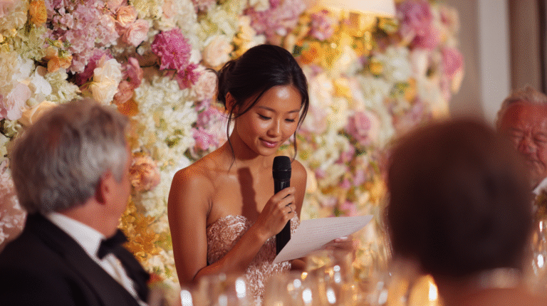 A woman in a strapless dress reads from a paper while holding a microphone at a formal event, with floral decorations in the background.