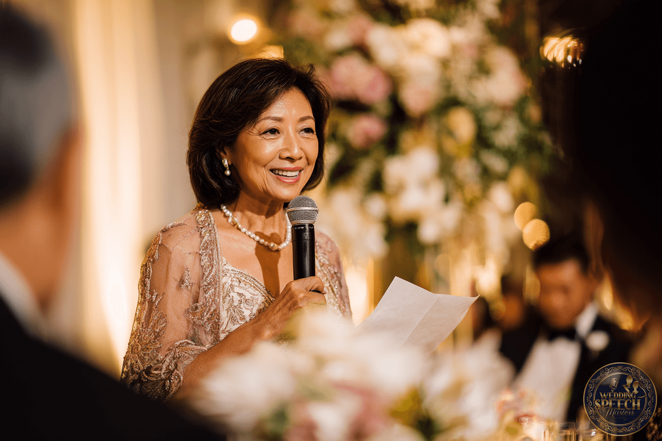 A woman in formal attire holds a microphone and a piece of paper, speaking at an event with floral decorations and guests in the background.