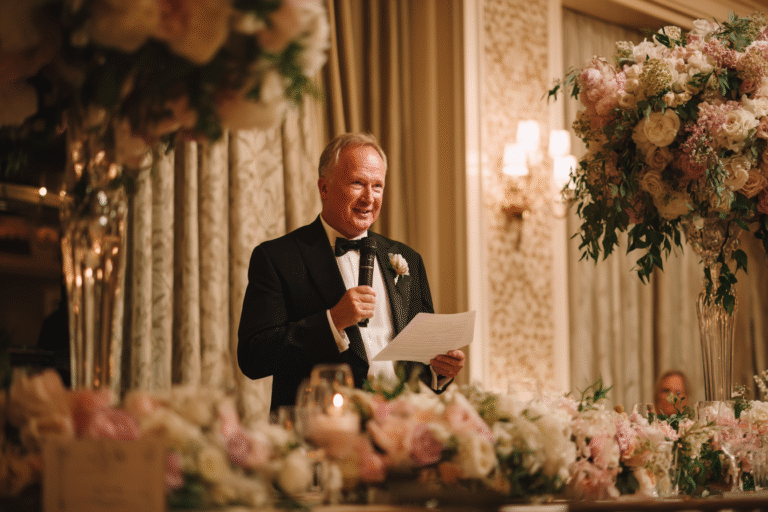 An older man in a tuxedo speaks into a microphone while holding a paper, standing behind a table with floral arrangements at a formal event.