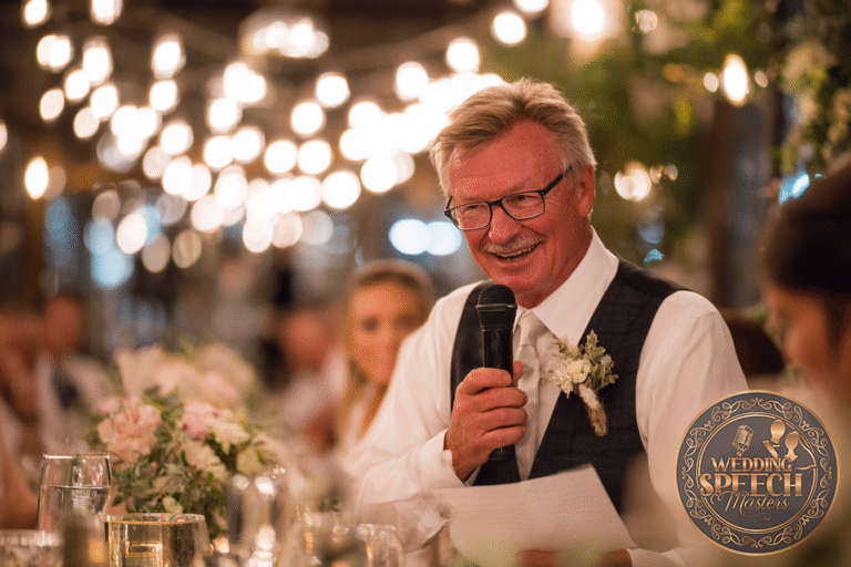 An older man in a suit and tie holds a microphone and delivers a heartfelt Father of the Bride Wedding Speech at a formal event, surrounded by flowers and soft, warm lighting.