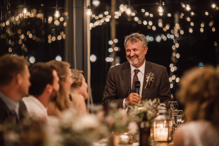 A man in a suit, holding a microphone and smiling, gives a speech at a warmly lit dinner event with guests seated around a decorated table.