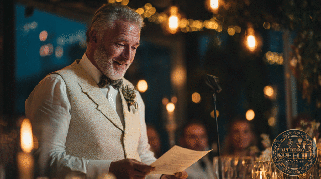 An older man in a vest and bow tie stands indoors, holding a piece of paper and speaking into a microphone at a warmly lit event, possibly delivering a speech.