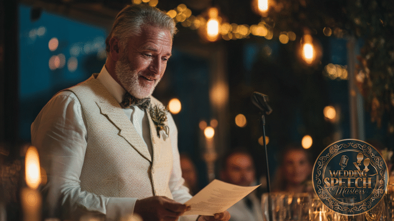 An older man in a vest and bow tie stands indoors, holding a piece of paper and speaking into a microphone at a warmly lit event, possibly delivering a speech.