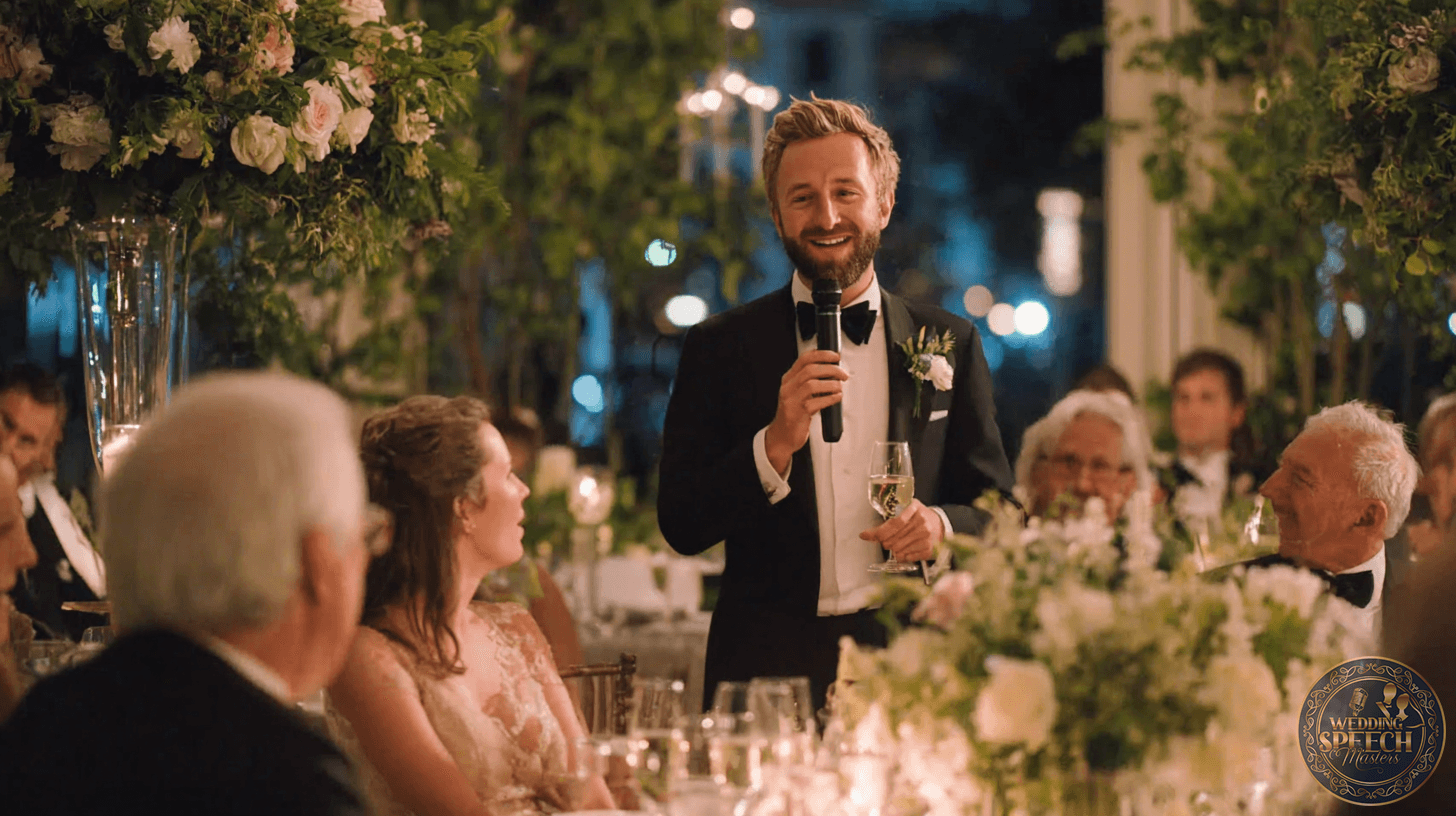 A man in a tuxedo gives a speech with a microphone at a formal event, possibly a wedding reception, offering heartfelt friend toasts while surrounded by seated guests and elegant floral decorations.