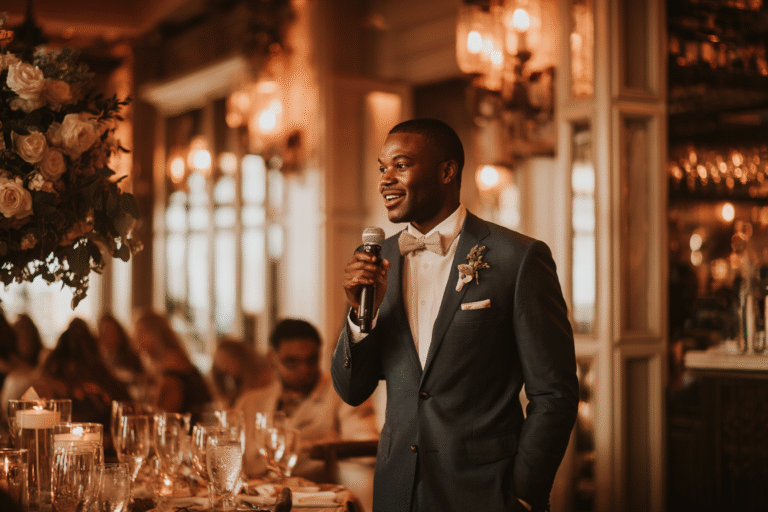 A man in a suit and bow tie holds a microphone and speaks at a formal event in a warmly lit room decorated with flowers and candles.