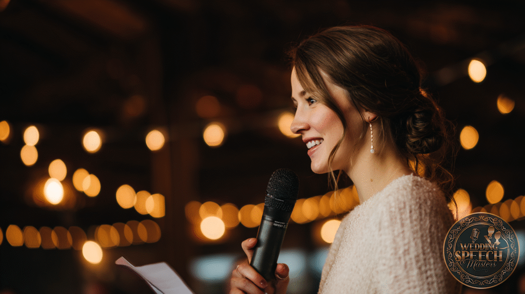 A woman holding a microphone and a piece of paper speaks at an indoor event with string lights in the background.