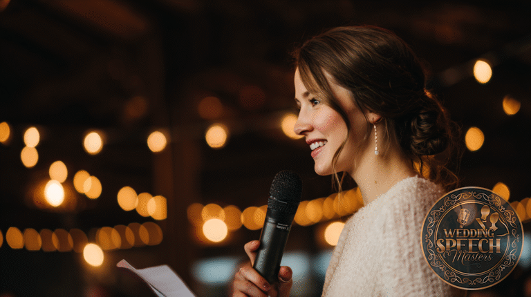 A woman holding a microphone and a piece of paper speaks at an indoor event with string lights in the background.