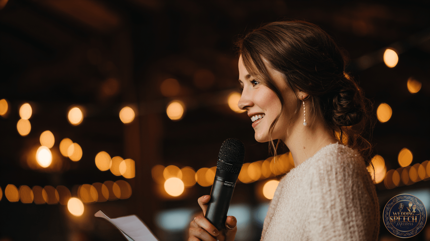 A woman holding a microphone and a piece of paper speaks at an indoor event with string lights in the background.