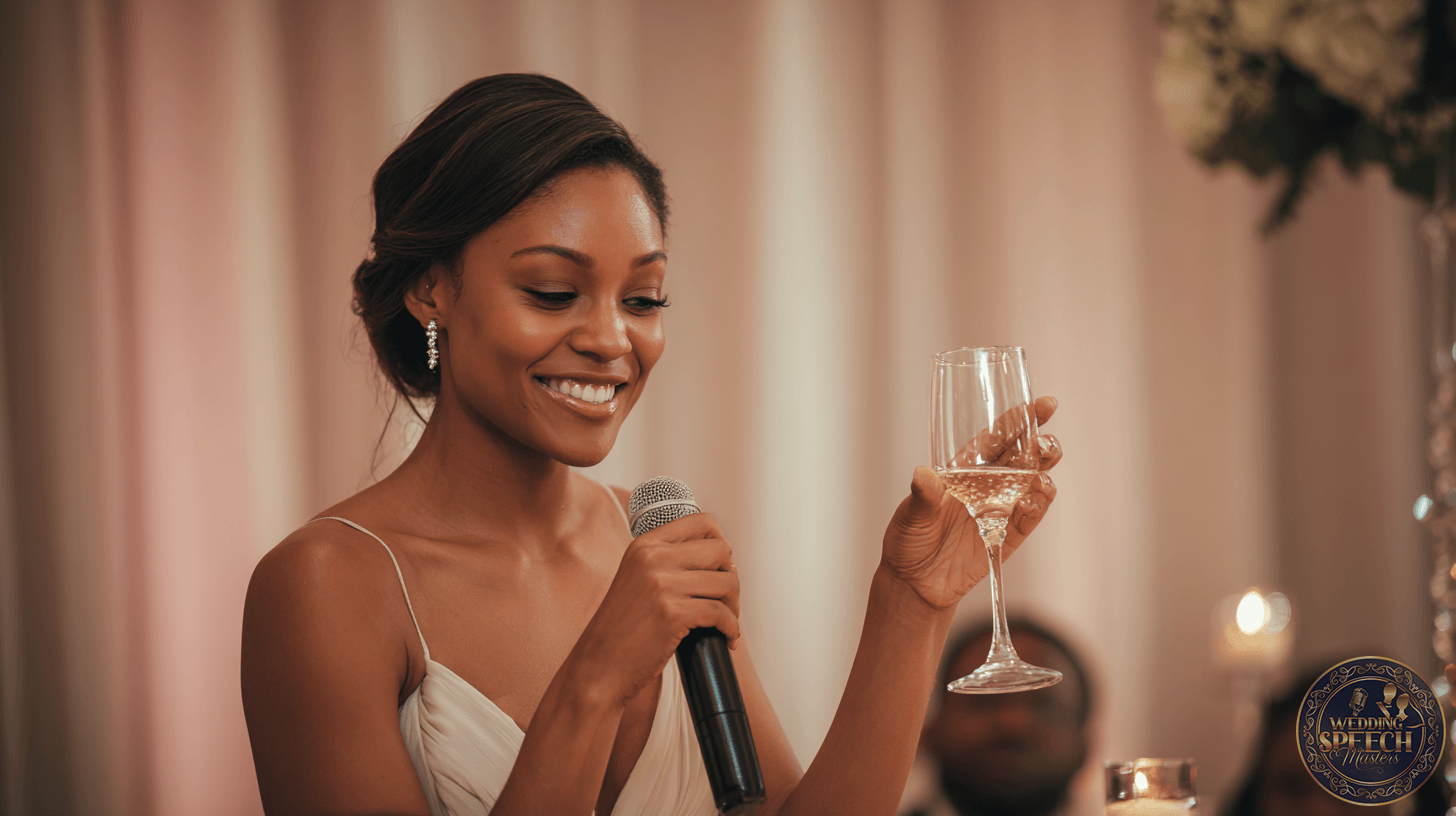 A woman in a formal dress holds a microphone and a glass of champagne, smiling as she gives funny toasts during her speech at an indoor event.