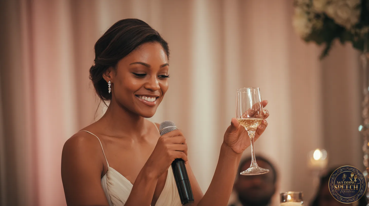 A woman in a formal dress holds a microphone and a glass of champagne, smiling as she gives funny toasts during her speech at an indoor event.