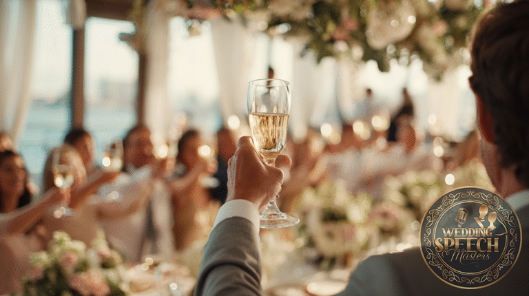 A person in a suit raises a glass of champagne for a toast at a formal event, elegantly decorated tables and guests in the background—perfect for gauging the audience's sense of humor for wedding toasts.