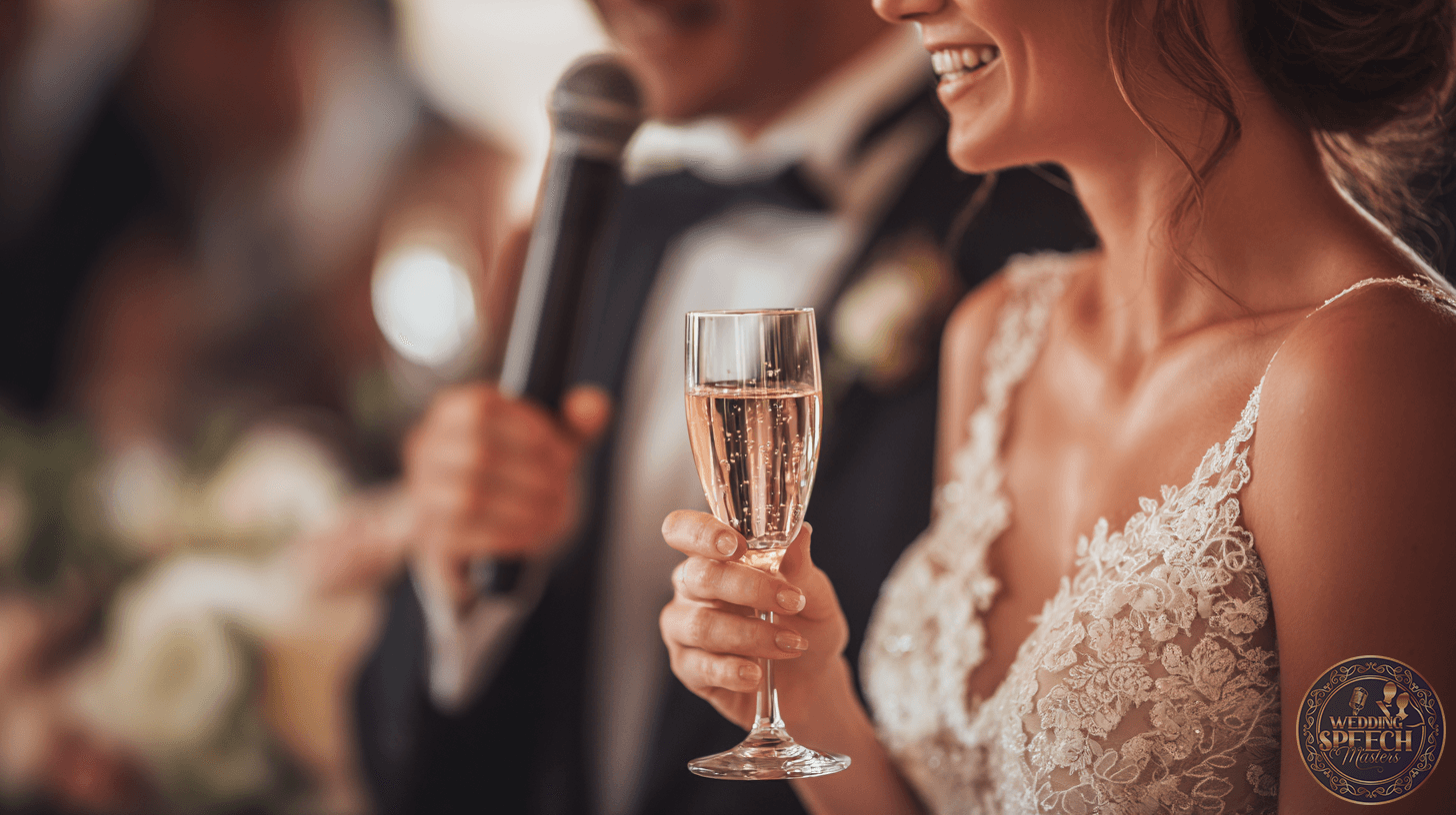 A bride in a lace dress holds a glass of champagne as a man in a suit delivers General Wedding Toasts into the microphone at the wedding reception.