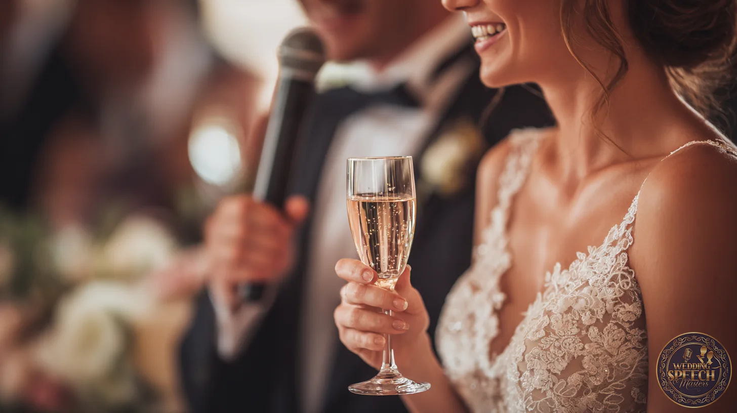 A bride in a lace dress holds a glass of champagne as a man in a suit delivers General Wedding Toasts into the microphone at the wedding reception.
