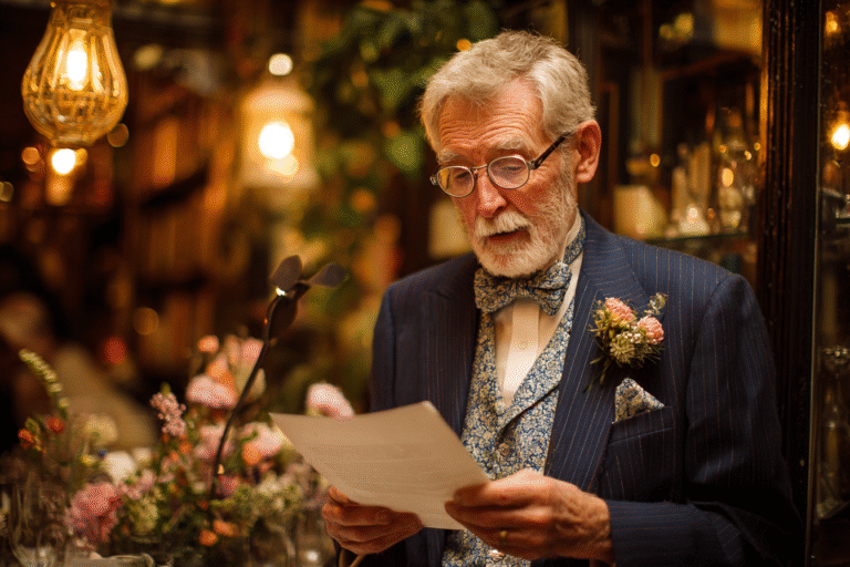 An elderly man in a suit reads from a sheet of paper at a decorated indoor event with flowers and warm lighting.