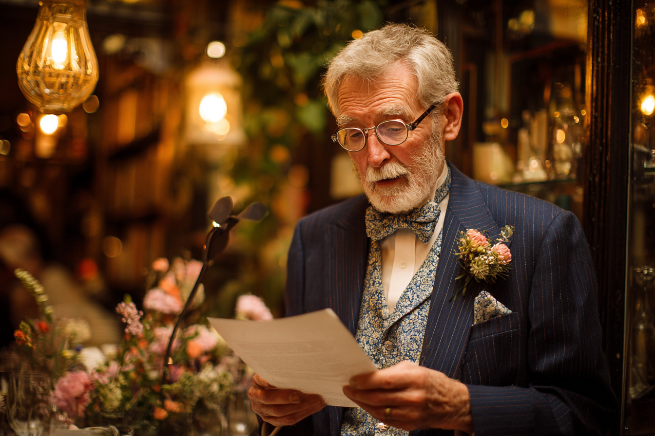 An elderly man in a suit reads from a sheet of paper at a decorated indoor event with flowers and warm lighting.