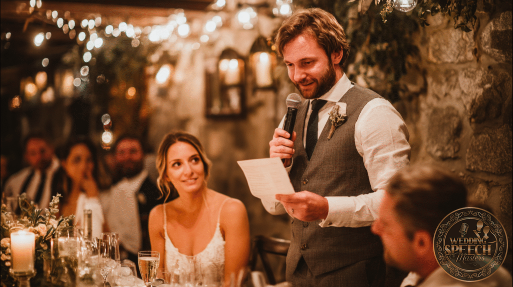 A man in a suit reads from a paper into a microphone at a wedding reception, while a woman in a white dress sits beside him, listening and smiling.
