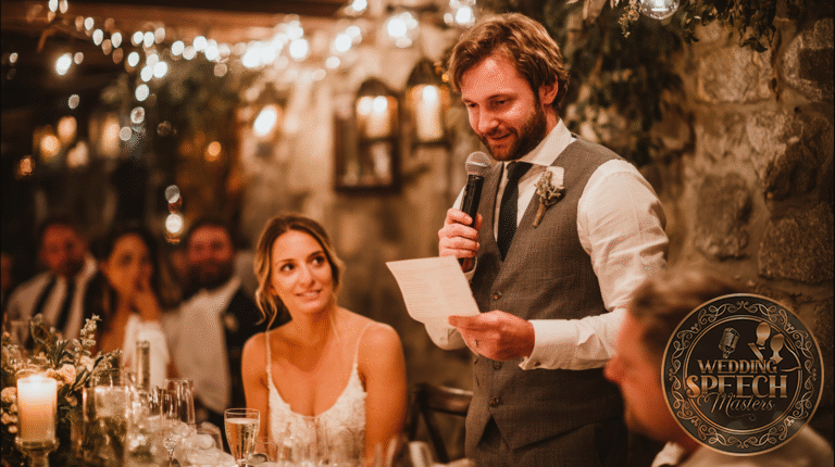 A man in a suit reads from a paper into a microphone at a wedding reception, while a woman in a white dress sits beside him, listening and smiling.