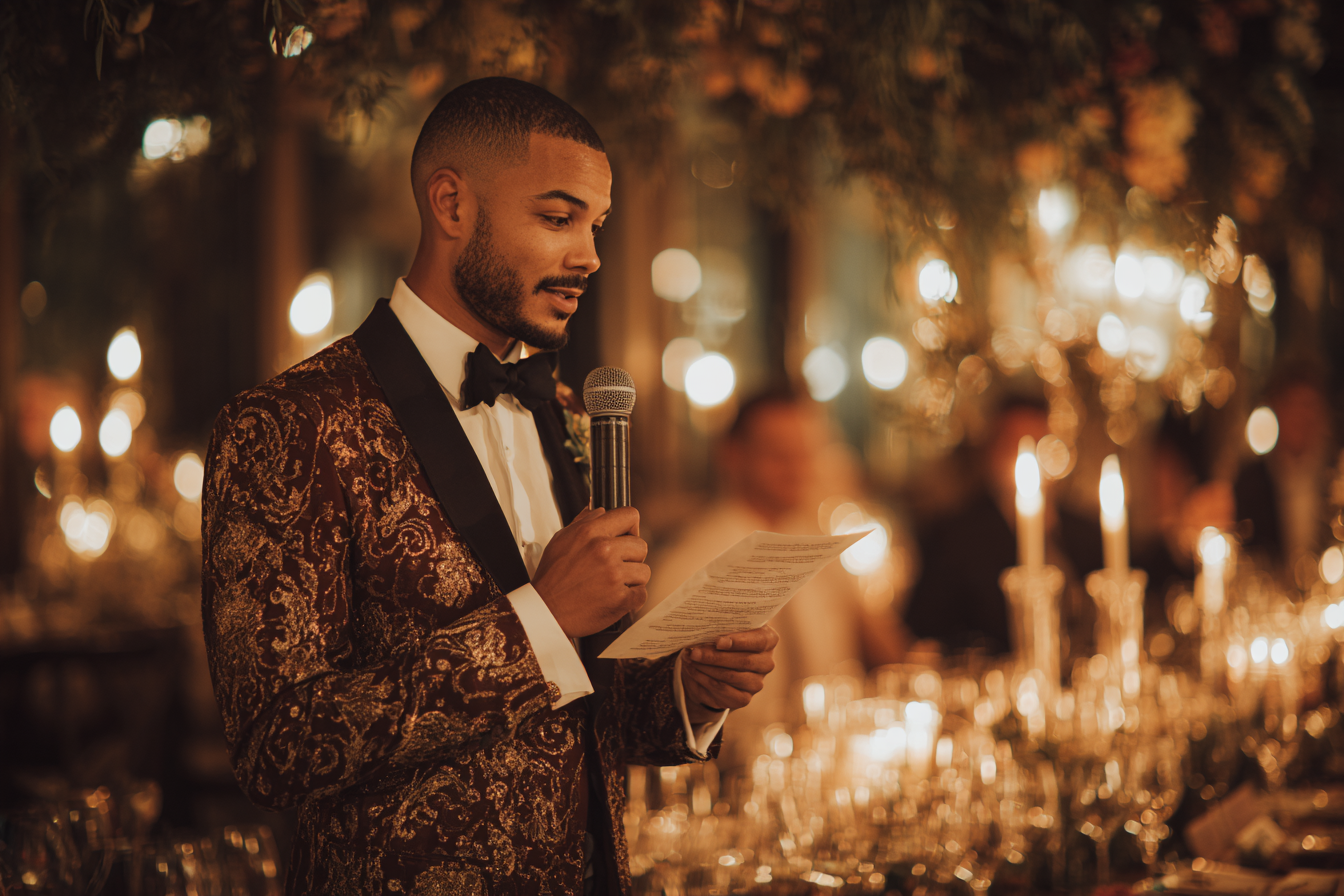 A man in a patterned suit and bow tie holds a microphone and reads from a paper at a formal, candlelit event.