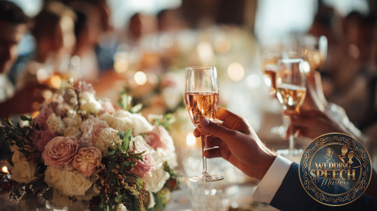 A group of people raise glasses of champagne in a toast at a formal event, with a floral centerpiece on the table, expertly structuring wedding toasts for maximum impact.