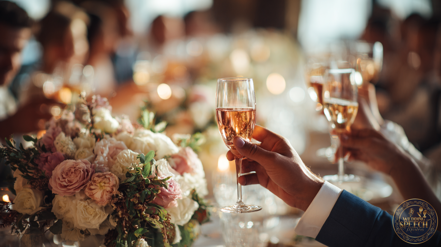 A group of people raise glasses of champagne in a toast at a formal event, with a floral centerpiece on the table, expertly structuring wedding toasts for maximum impact.