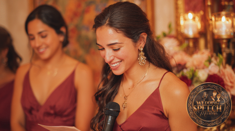A woman in a burgundy dress holds a microphone and smiles while reading from a piece of paper, delivering a heartfelt moment inspired by the Bridal Party Toasts Guide; another woman in a similar dress stands in the background.