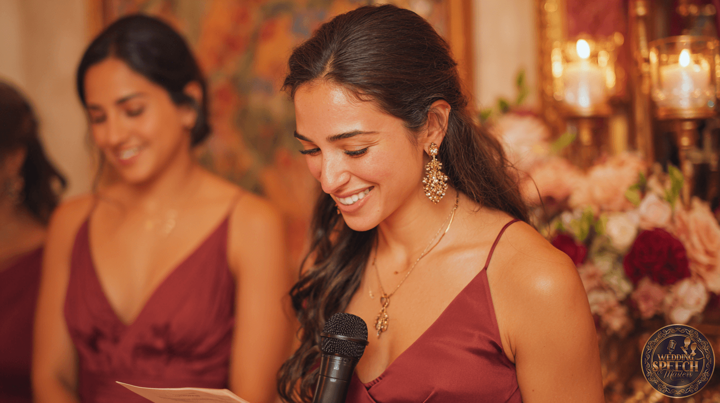 A woman in a burgundy dress holds a microphone and smiles while reading from a piece of paper, delivering a heartfelt moment inspired by the Bridal Party Toasts Guide; another woman in a similar dress stands in the background.