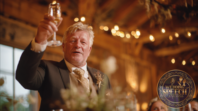 A man in a suit raises a glass for a toast at an indoor event with warm lighting and rustic decor, capturing the spirit of a perfect Bride and Groom Toasts Guide.