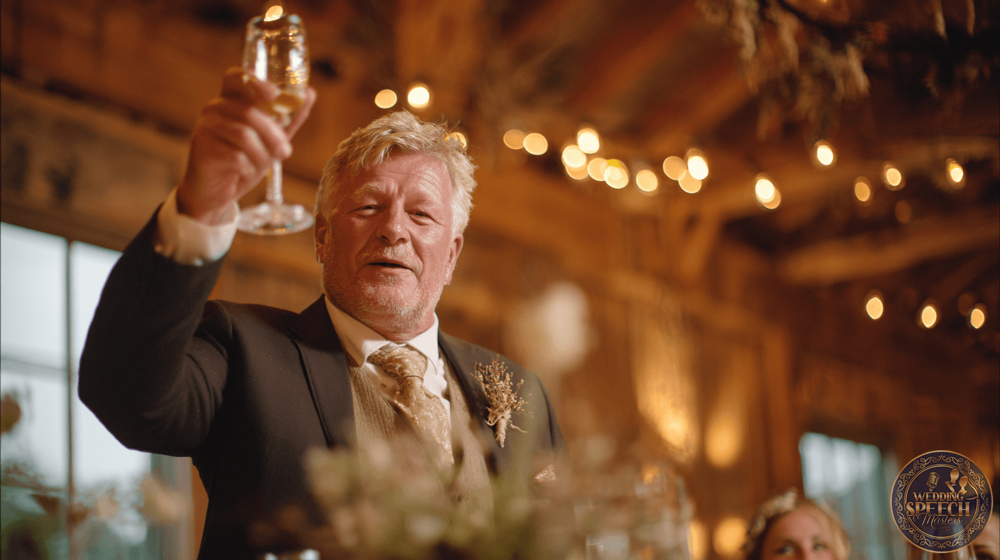 A man in a suit raises a glass for a toast at an indoor event with warm lighting and rustic decor, capturing the spirit of a perfect Bride and Groom Toasts Guide.