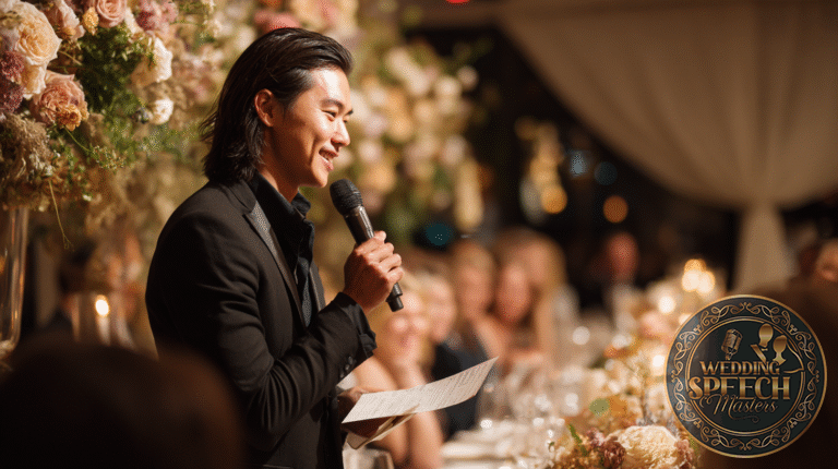 A person in a black suit holds a microphone and a piece of paper, delivering memorable wedding blessings at an elegantly decorated event with flowers and seated guests.