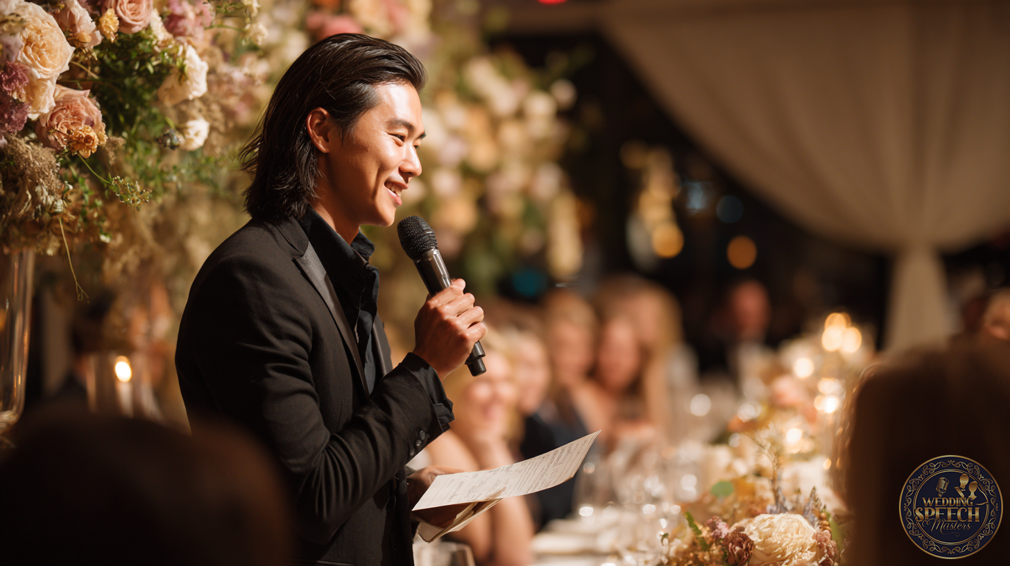 A person in a black suit holds a microphone and a piece of paper, delivering memorable wedding blessings at an elegantly decorated event with flowers and seated guests.