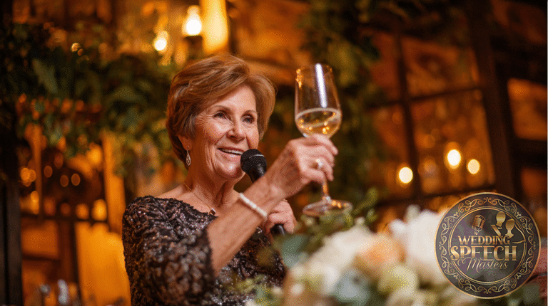 An older woman in a sequined dress holds a microphone and raises a glass in a toast at an indoor event with warm lighting and floral decor, embodying the spirit of any Family Toasts Guide.