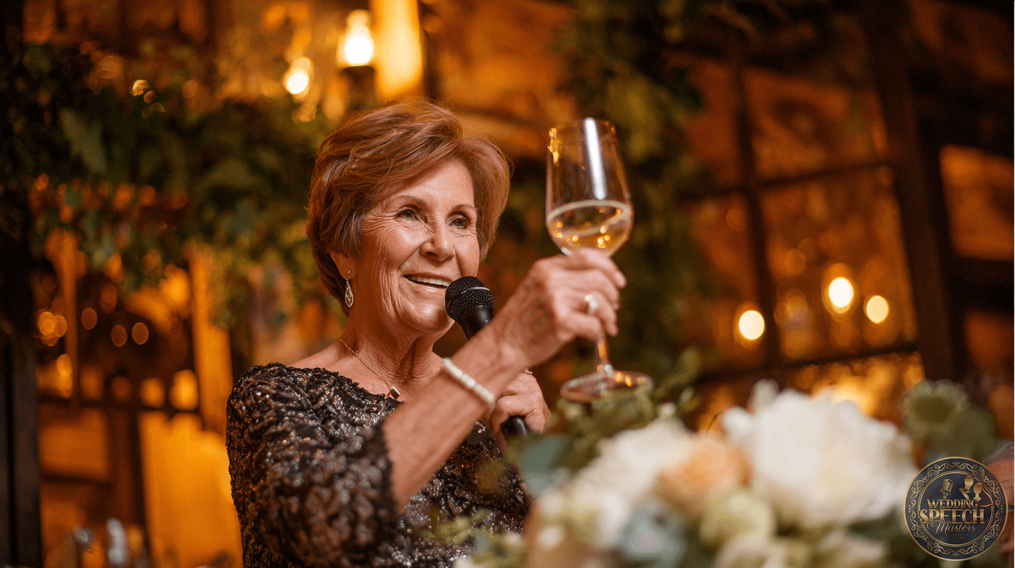 An older woman in a sequined dress holds a microphone and raises a glass in a toast at an indoor event with warm lighting and floral decor, embodying the spirit of any Family Toasts Guide.