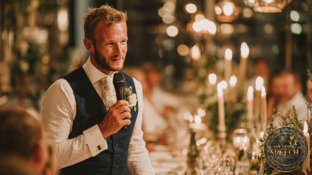 A man in a suit vest holds a microphone and gives heartfelt friend toasts at a formal dinner table decorated with candles and flowers.