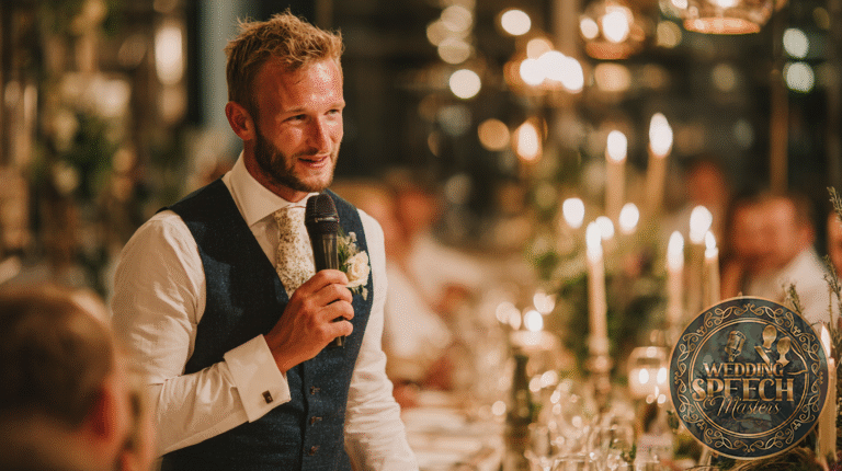 A man in a suit vest holds a microphone and gives heartfelt friend toasts at a formal dinner table decorated with candles and flowers.