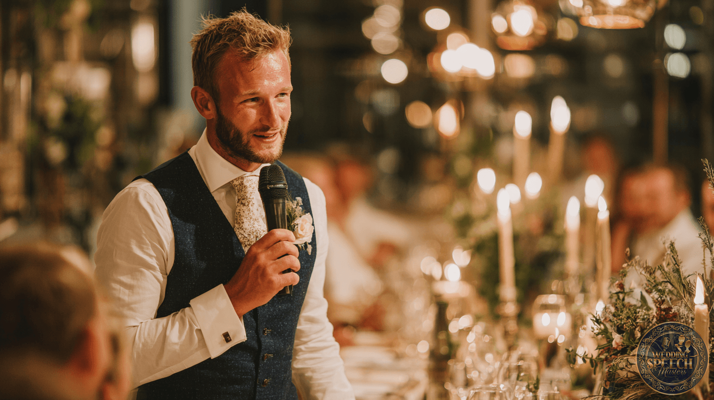 A man in a suit vest holds a microphone and gives heartfelt friend toasts at a formal dinner table decorated with candles and flowers.