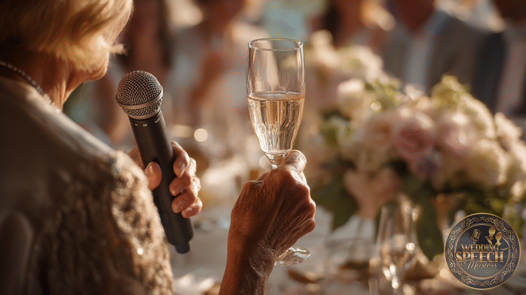 An older woman holding a microphone and a glass of champagne gives a toast at a formal event with floral table decorations, offering inspiration for any General Wedding Toasts Guide.